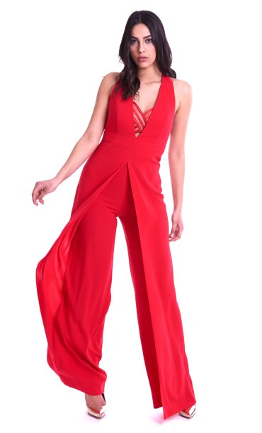 Women's red jumpsuit FABIANA FERRI with wide pants and volant 24634