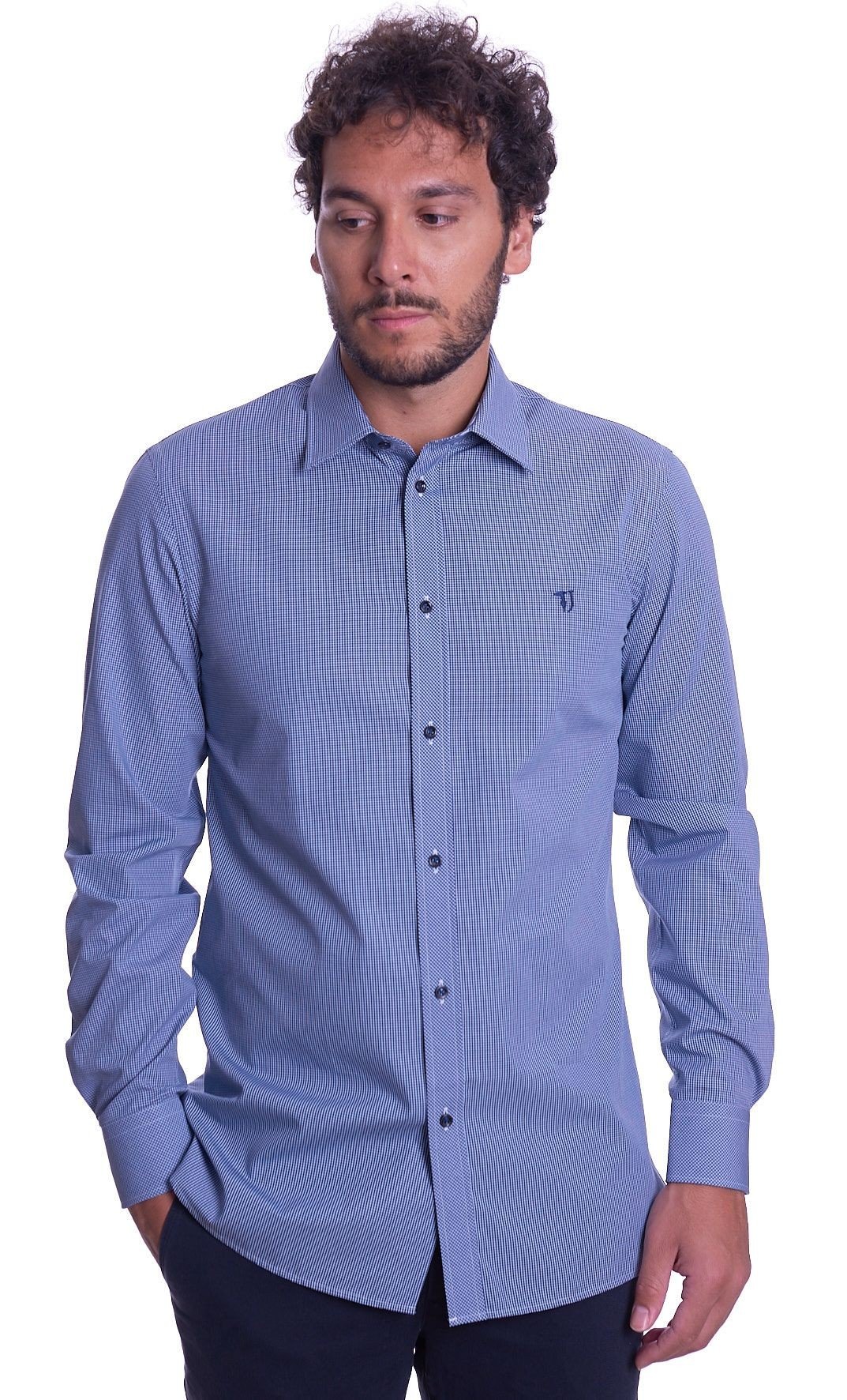 Men's small check shirt Trussardi with italian collar blue regular fit ...