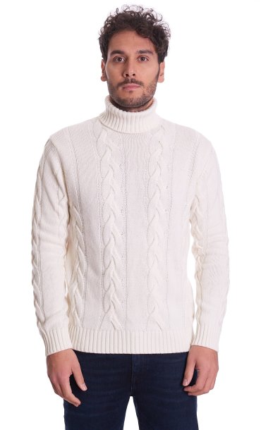 MAGLIONE DOLCEVITA A TRECCE IN LANA MERINO PRIVATI FIRENZE BIANCO