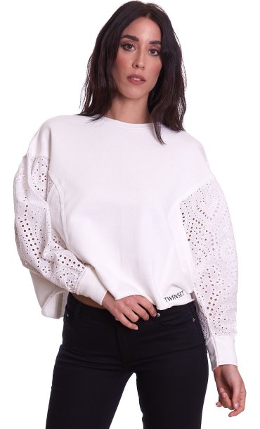 Women s Twinset white sweatshirt with lace sleeve 221TT227G