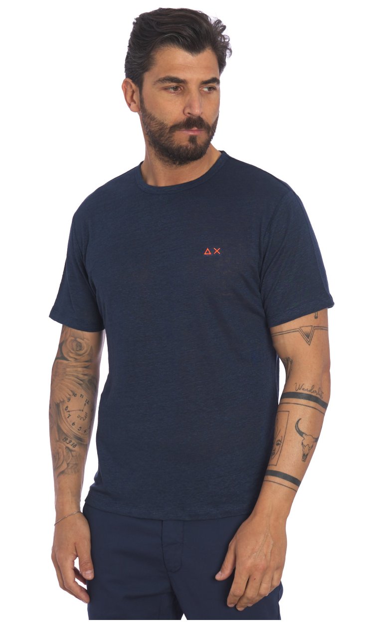SUN 68 LINEN T-SHIRT WITH EMBROIDERED LOGO