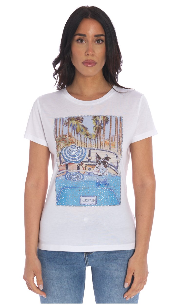 LUCKYLU T-SHIRT WITH CAR PRINT WITH STONES