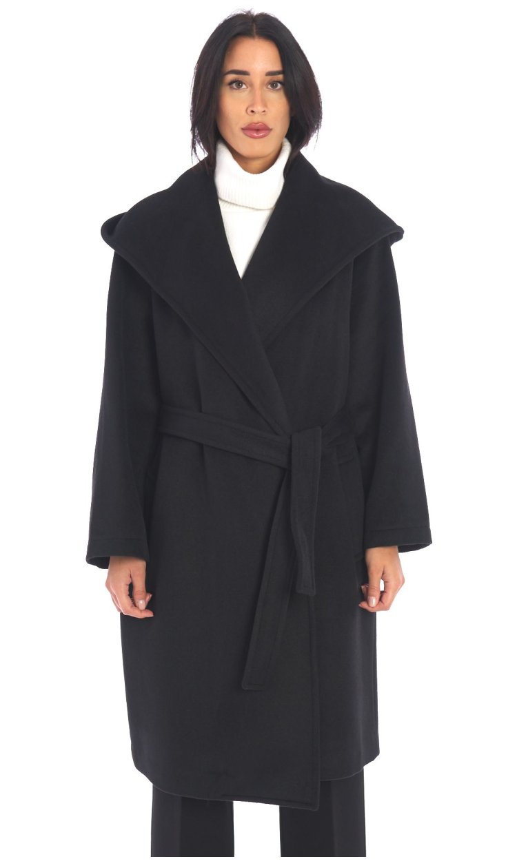 Black coat with hood and belt outlet