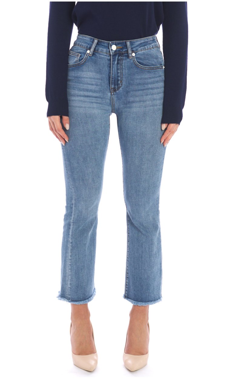 WHITE WISE FRINGED BOOTCUT JEANS IN WASHED DENIM